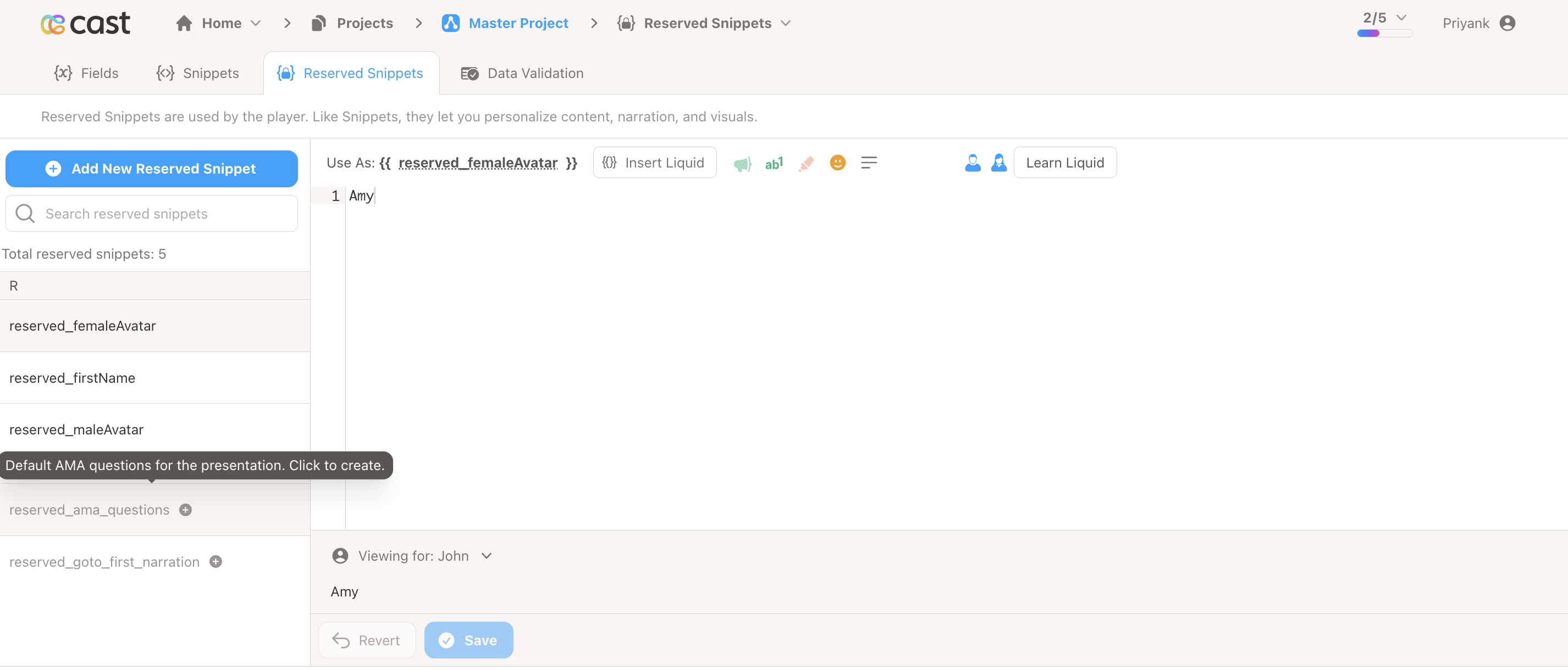 Not Created section in Reserved Snippets sidebar