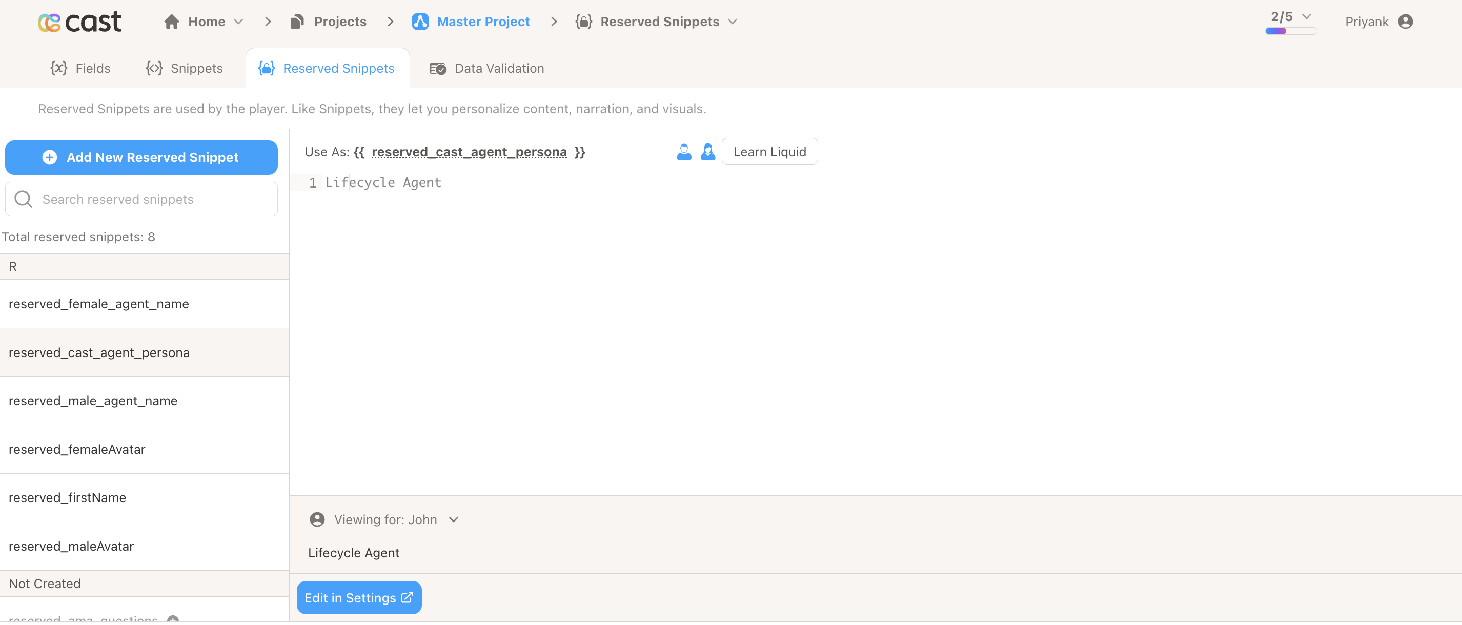 Settings-bound snippet with Edit in Settings