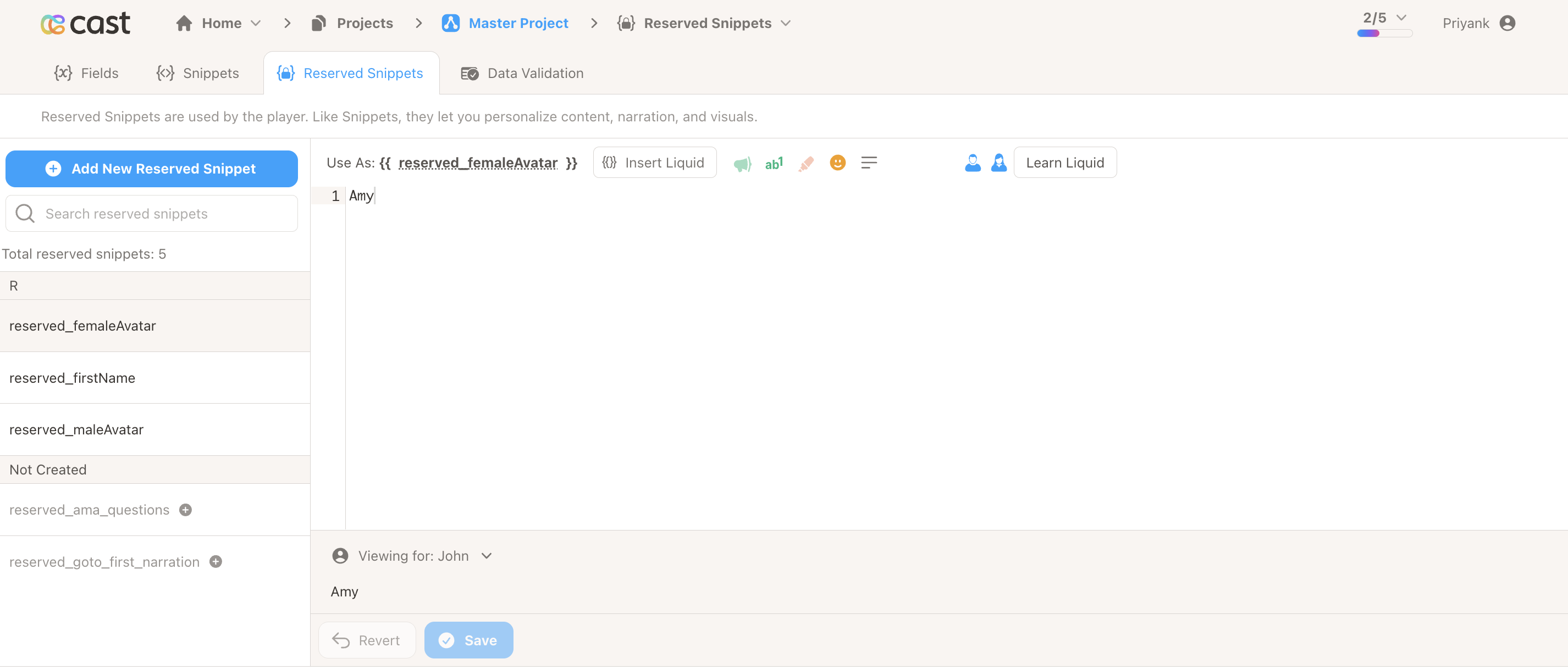 Reserved Snippets tab