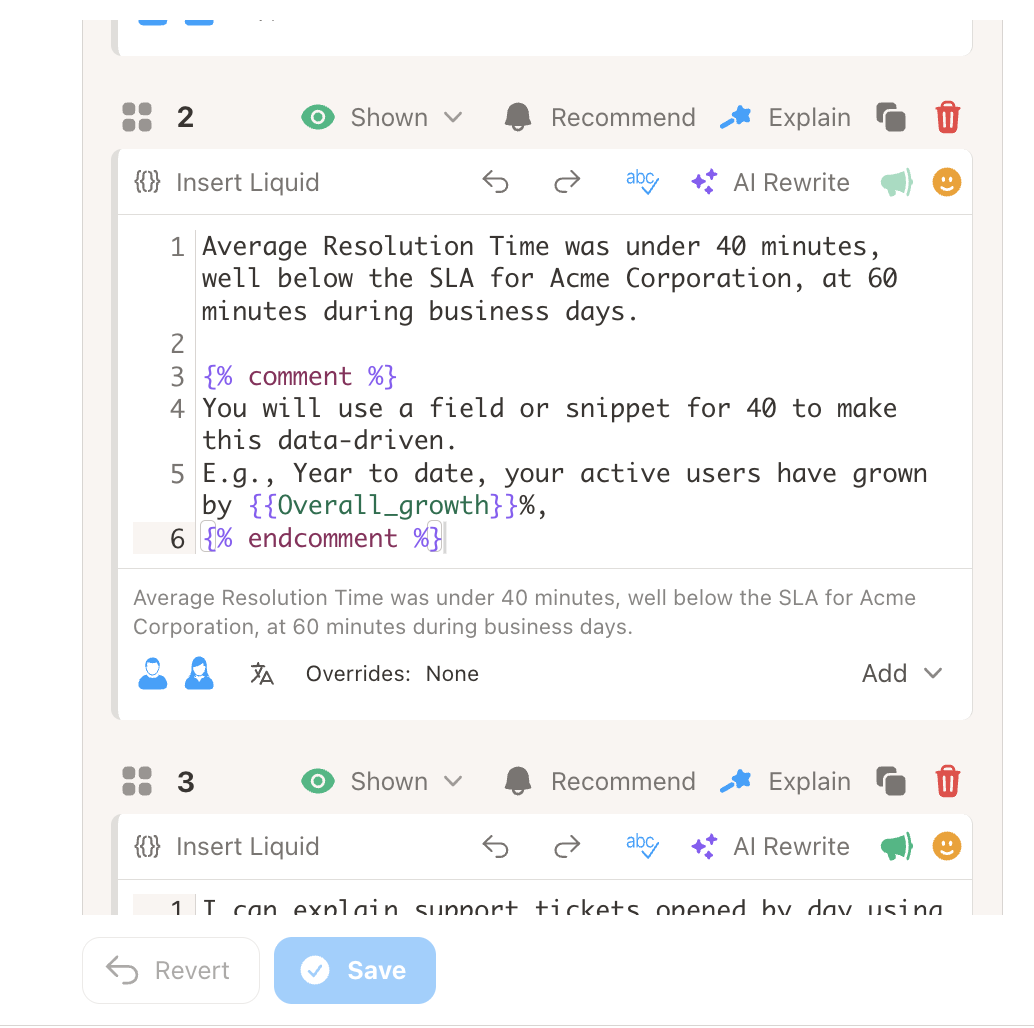 Text narration editor with Liquid variables