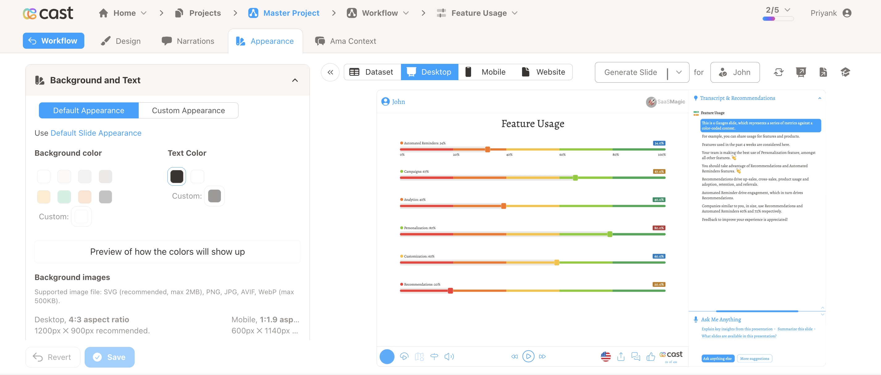 Appearance tab in the slide editor